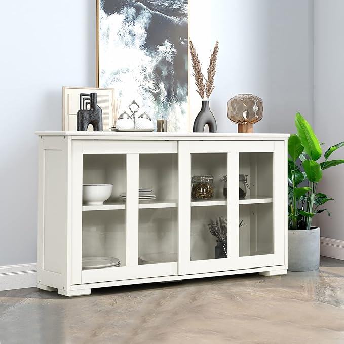 Byroce Sideboard Buffet Cabinet, Stackable Storage Coffee Bar Cabinet w/Adjustable Shelf & Glass Sliding Doors, Wood Cupboard Credenza Console Table for Kitchen Dining Living Room (1, Antique White)