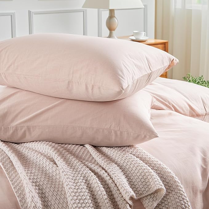 NEXHOME PRO Duvet Cover Set King Size Linen Look Textured Organic Natural 100% Washed Cotton Duvet Cover Greyish Light Pink 3 Pieces Bedding Set with Zipper Closure, Breathable (No Comforter)