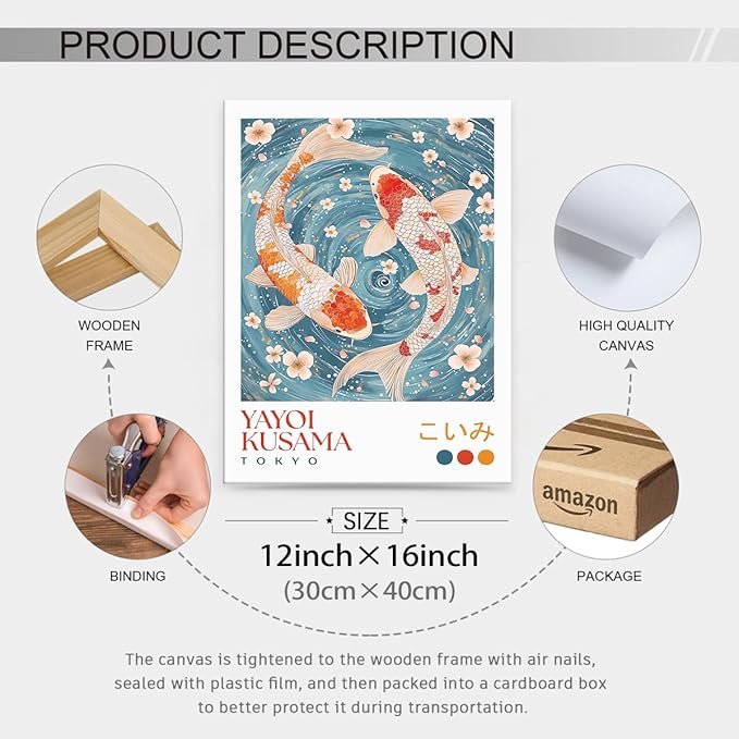 Light Blue Koi Fish Wall Art Japanese Yayoi Kusama Canvas Poster 12X16 inch Framed Modern Vintage Animal Aesthetic Paintings for Living Room Bedroom Dorm Wall Decor