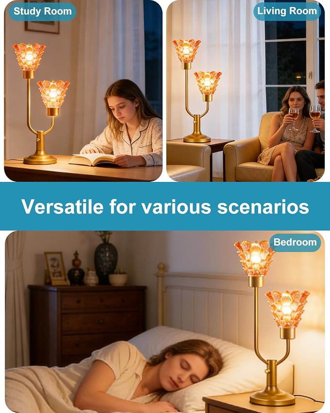 Lightdot Vintage Gold Table Lamp for Bedroom Dimmable Mid Century Modern Desk Lamp Amber Glass Nightstand Lamp 2 Bulbs Included Warmwhite Ambient Bedside Lamps for Living Room Home Office Decor Gift