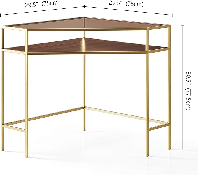 LumFurn Corner Table for Small Space, Triangle Computer Desk for Living Room, Bedroom, Workstation, Office, 2-Tier Structure, Amber Glass Top and Walnut Shelf with Gold Finish Frame