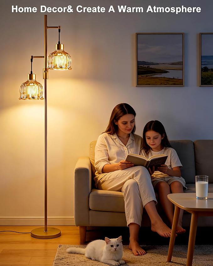 2-Light Modern Glass Floor Lamp, Gold Tall Standing Lamp with Amber Flower Glass Shade for Reading, Dimmable LED Floor Lamp with 5Lbs Heavy Base for Living Room Bedroom Home Decor, Bulb Included