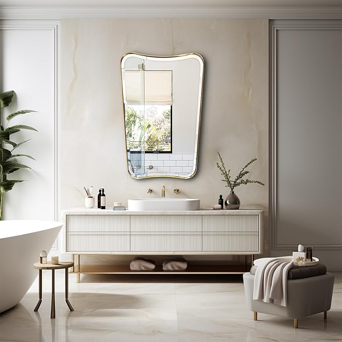 POZINO Brushed Gold Vanity Mirror, 24"x36" Modern Beveled Bathroom Mirror, Irregular Shaped Mirrors in Stainless Steel Frame, Brass Rectangle Wall Mirrors for Bedroom Living Room Entryway