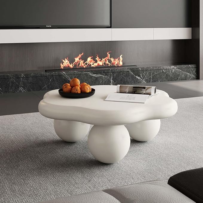 35" Modern Coffee Table Petal Shape Low Center Table Cute Irregular Indoor Tea Table with 3 Ball Legs for Living Room Apartment