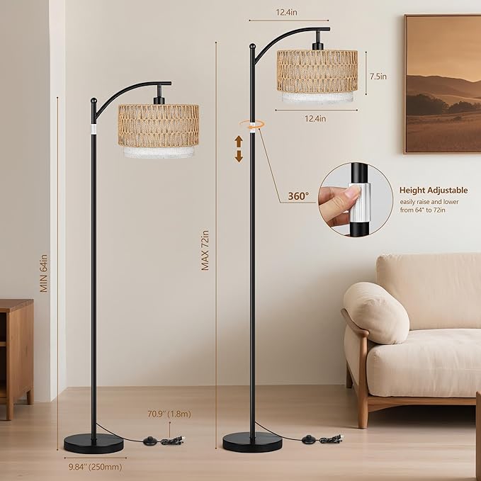 ROTTOGOON Arc Floor Lamps for Living Room, Boho Farmhouse Floor Lamp with Remote & Dimmable Bulb, Standing Lamp with Rattan & Fabric Shades, Adjustable Tall Lamp for Bedroom Office-Black