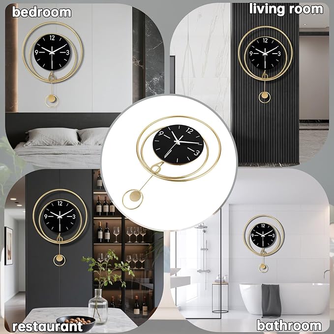 Decorative Wall Clock, Silent Non-Ticking Quality Quartz Battery Operated with Pendulum, Large Wall Clock for Living Room Kitchen Home Bathroom Bedroom Wall Decor, 13x17Inch(Black)
