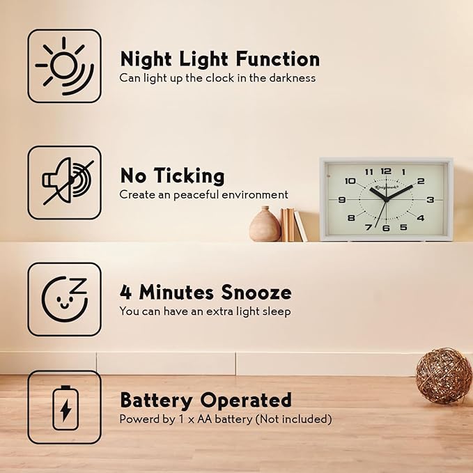 Analog Alarm Clock, 6 inch Silent Non Ticking Small Clock with Night Light, Battery Operated Simply Design for Bedroom, Bedside, Living Room, Room Decor, Desk, Table (White)