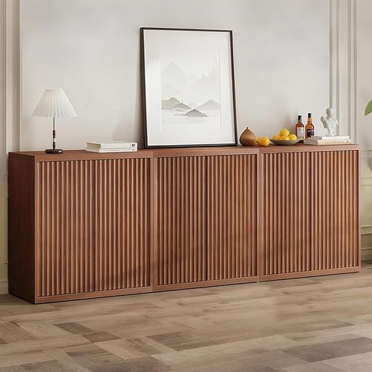 31” Sideboard Cabinet with Storage, Fluted Accent Cabinet with Adjustable Shelves, Modern Wood Credenza Cabinets with Pop-up Doors for Entryway Kitchen Living Room Hallway, Walnut 3pcs