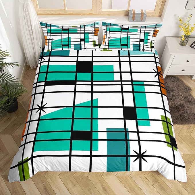 Erosebridal Retro Atomic Bedding Sets King White Turqoise Black Comforter Cover, Geometric Lines Stripes Bed Set Mid Century Minimalist Duvet Cover, Fifties Old Fashion Quilt Cover Microfiber 3pcs