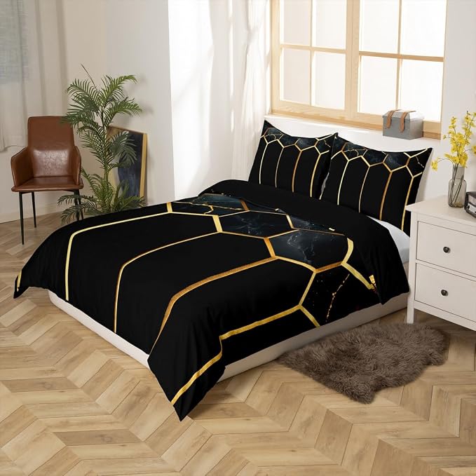 Erosebridal Marble Geometric Duvet Cover Full Honeycomb Comforter Cover for Kids Teens | Black Golden Beehive Hexagon Bedding Set Stripes Bed Set with 2 Pillow Cases