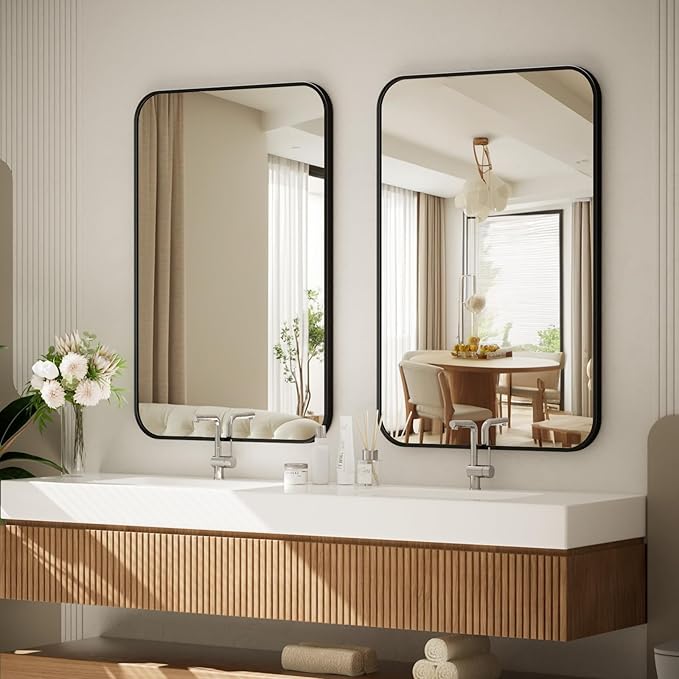 BEAUTYPEAK 20" x 28" Rectangular Aluminum Alloy Frame Wall Mounted Bathroom Mirror with Rounded Corners, Black
