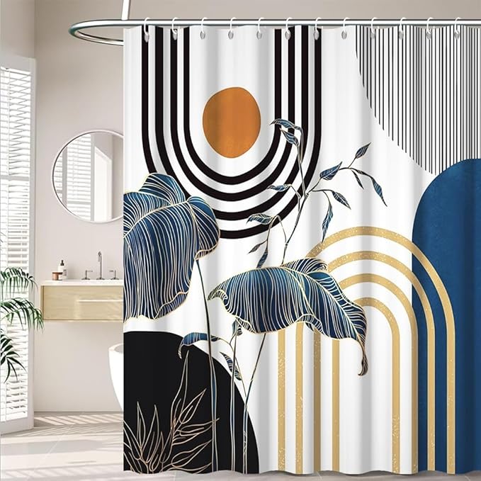 Mid Century Boho Shower Curtain for Bathroom Modern Abstract Minimalist Bathroom Decor Set Blue Gold Leaf Sun Arch Bathtub Curtains Machine Washable Waterproof Polyester Fabric with Hooks 69x70 Inch