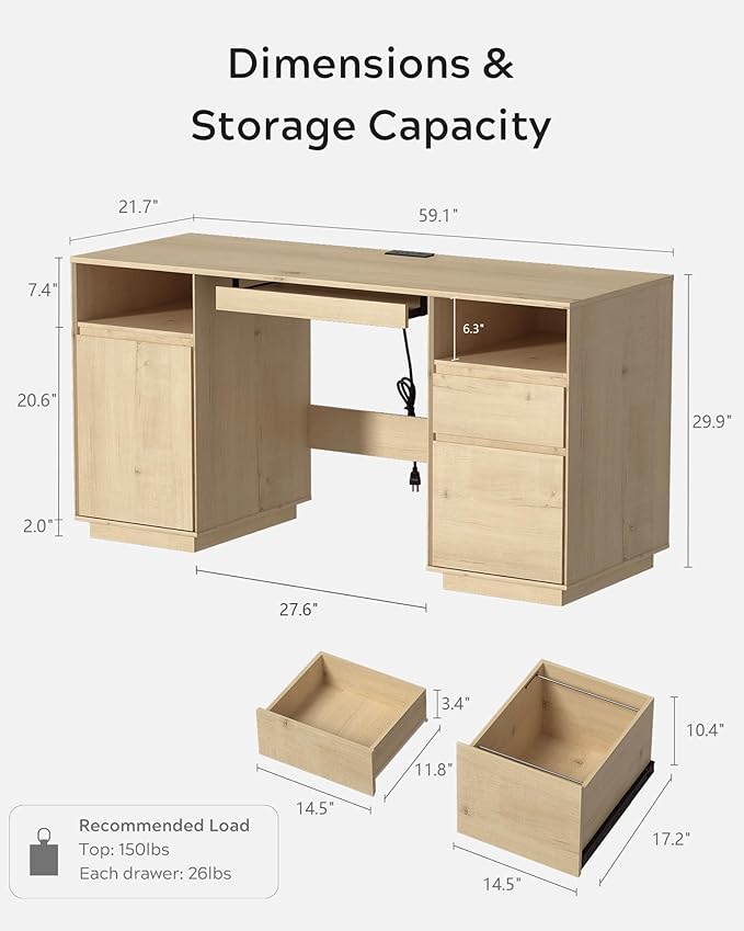 EYYTHUNG 59" Farmhouse Office Desk, Wide Home Executive Desk with File Drawer & Open Storage & Power Outlet, Wooden Computer Desk for Study Writing, Light Oak