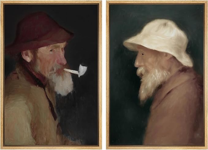 IDEA4WALL Framed Canvas Print Wall Art Set Vintage Old Fishermen Portrait Rustic Illustrations Modern Art Decorative Bohemian Calm/Zen for Living Room, Bedroom, Office - 24"x36"x2 Natural