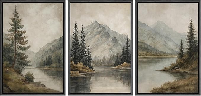 MUDECOR Framed Wall Art Print Set Mountain Landscape Nature with Trees, Lake, and Mountains, Rustic Illustrations Modern Art Decorative Colorful for Living Room, Bedroom, Office - 24"x36"x3 Black