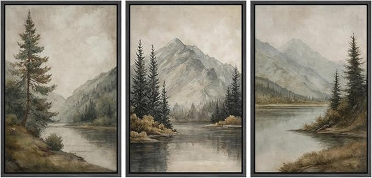 MUDECOR Framed Wall Art Print Set Mountain Landscape Nature with Trees, Lake, and Mountains, Rustic Illustrations Modern Art Decorative Colorful for Living Room, Bedroom, Office - 24"x36"x3 Black