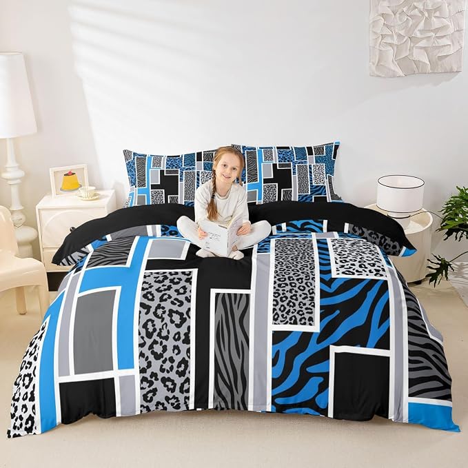 Erosebridal Leopard Zebra Print Toddler Duvet Cover Blue Black Geometric Stripe Patchwork Bedding Set Rustic Animal Skin Texture Comforter Cover for Kids Teen Adults,Jungle Wildlife Bed Set