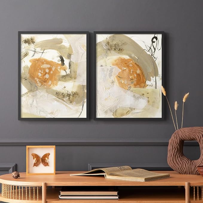 Renditions Gallery Set of 2 Peel & Stick Framed Prints, Neutral Abstract Wall Art, Earthy Tones Blended Brushstrokes Wall Decor, Re-Stickable - Ready to Hang - 8"x10" - Black Frame LT588