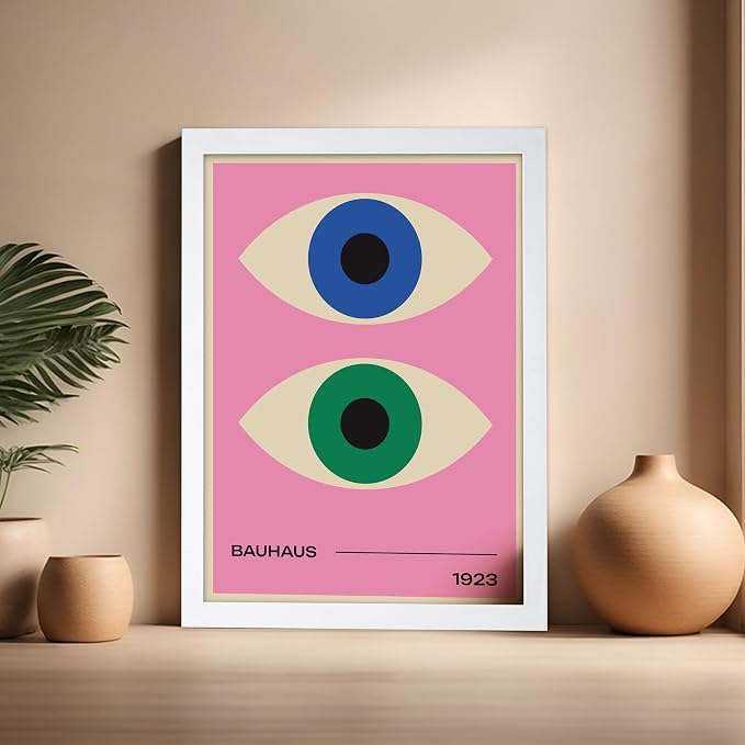 Poster Master Bauhaus Poster - Eyes Print - Abstract Circles ART - Graphic Design ART - Geometric Style - Chic Boho - Mid Century Modern - Living Room or Bedroom Decor - 16x20 White Framed