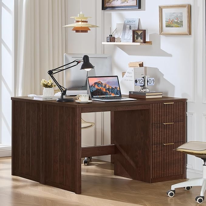 LEYAOYAO Office Desk 48" with 3 Drawers Storage File Cabinet Wood Fluted Desk for Computer Office Bedroom Home Furniture Walnut