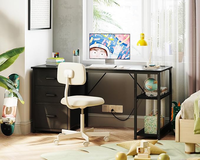 AODK 51 Inch Computer Desk with Drawers & USB Power Outlets, Reversible Home Office Desk with Storage Shelves, Work from Home, Modern Work/Writing/Study Table for Bedroom, Black