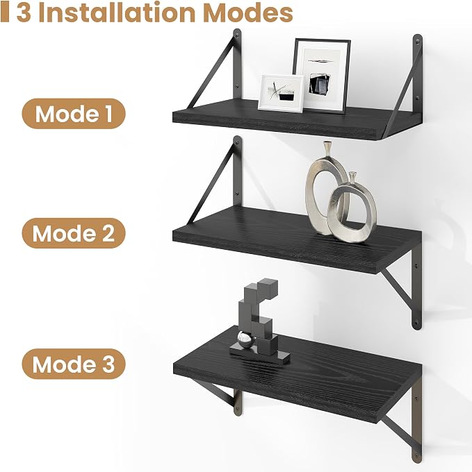 Heimlove Floating Shelves for Wall Set of 3,Light Wood Wall Mounted Bookshelf Decorative Shelf for Living Room Bathroom Bedroom Kitchen Laundry Pictures Plants Books Cats TV,Black