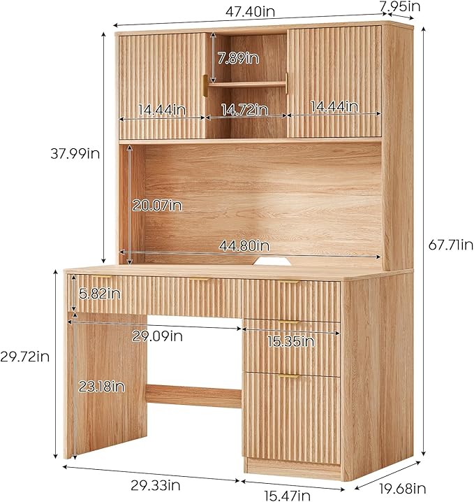 Vabches 67" H Executive Desk with Fluted Drawers,4 Drawers Fluted Computer Desk,Wood Workstation with Hutch and Barn Doors for Work and Study,Oak