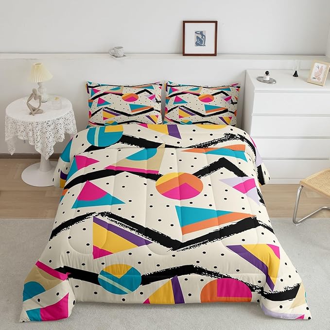 Manfei Memphis Comforter Set King Size, Retro 80s or 90s Fashion Style Bedding Set 3pcs for Kids Boys Girls, Geometric Triangle Circle Quilt Set Soft Polyester Duvet Set with 2 Pillowcases