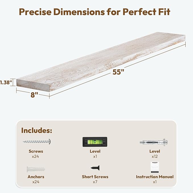 Vivelove Elm Wood Floating Shelves, Wooden Shelves for Wall with Invisible Bracket for Living Room Bedroom Bathroom Office Book, Rustic Farmhouse Display Shelf, 55 Inch Set of 1- Weathered White