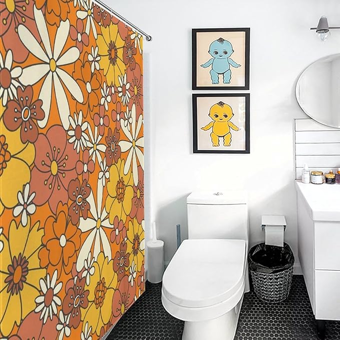 70s Shower Curtain, Vintage Retro Orange Daisy Floral Hippie Groovy Cute Flower Aesthetic Boho Funky Trippy Colorful Waterproof Fabric Bath Shower Curtain Set with Hooks, 72"x72" Inch