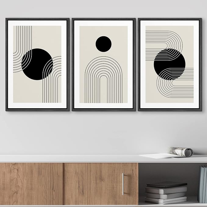 wall26 Framed Wall Art Print Set Boho Black Dots with Swirling Line Art Abstract Patterns Digital Art Modern Art Bohemian Chic Relax/Calm for Living Room, Bedroom, Office - 16"x24"x3 Black