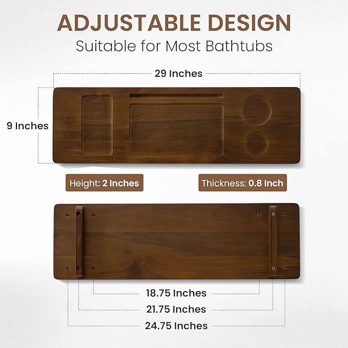 Teak Bathtub Tray - Wood Bath Caddy Tray 29" for Small Tubs - Adjustable Bathtub Table Trays - Luxury Shower Organizer for Home Spa Relaxation and Reading - Dark Walnut Color