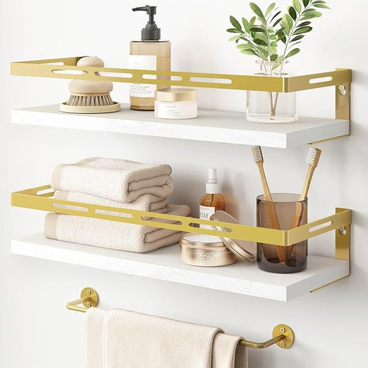 YGEOMER Floating Shelves for Bathroom Organizer Over Toilet, Wall Mounted Bathroom Shelves with Towel Bar, Wall Shelf for Bedroom Kitchen Living Room Storage (White-Gold)