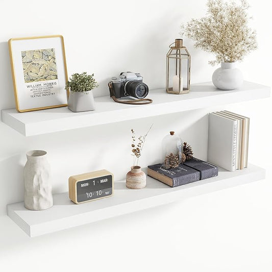 48 Inch Floating Shelves for Wall, 8 Inch Deep Floating Shelf for Storage & Display, Rustic Wall Mounted Shelf with Invisible Brackets for Living Room, Kitchen, Bathroom, Home Decor, Set of 2, White