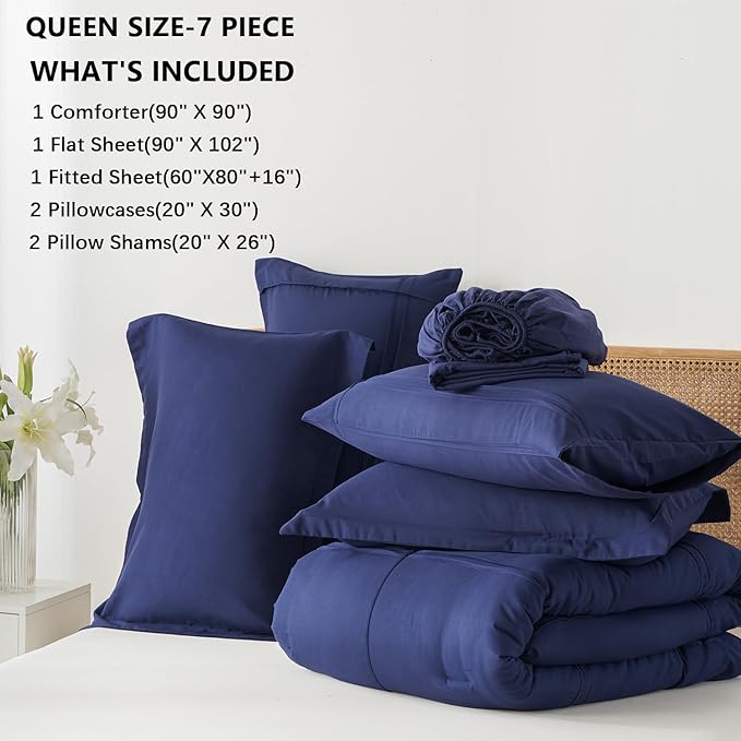 Yogeneg Queen Comforter Set 7 Piece Bed in a Bag,Grid Pinch Pleat Navy Blue Bedding Set,Striped Textured Soft Microfiber Comforter with Sheet Set,All Season Complete Bed Set(Navy Blue,Queen)