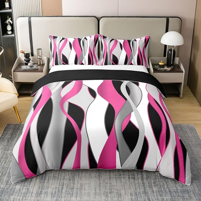 Erosebridal Pink and Black Abstract Bedding Set Full Waves Striped Geometric 100% Cotton Duvet Cover Stripes Aesthetic Line Comforter Cover for Kids Teens Adults Contemporary Boho Bed Set 3 Pcs