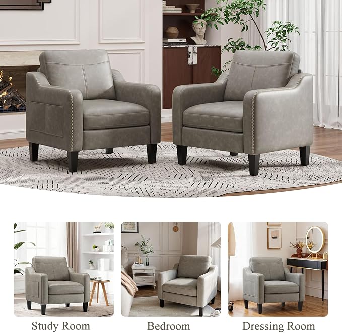 MALOL PU Leather Accent Chair, Mid-Century Modern Living Room Armchair Sofa with Removable Cushions, Solid Wood Frame & Stitched Armrest Design, Bedroom Chair with Plastic Legs, Grey