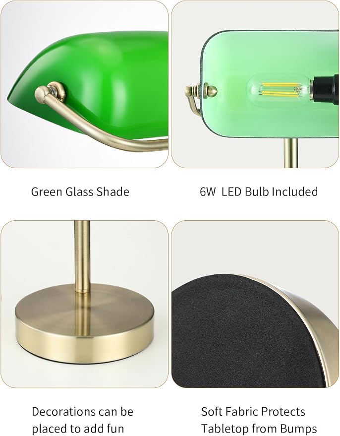 Traditional Green Glass Bankers Desk Lamp with Pull Chain Switch Plug in Fixture,LED Bulb Included