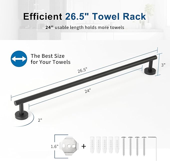 Matte Black Towel Bar, 24 Inch Towel Racks for Bathroom Wall Mounted, Thicken SUS304 Stainless Steel Heavy Duty Hand Towel Holder Organizer, Bathroom Accessories, Total Length 26.5 Inch