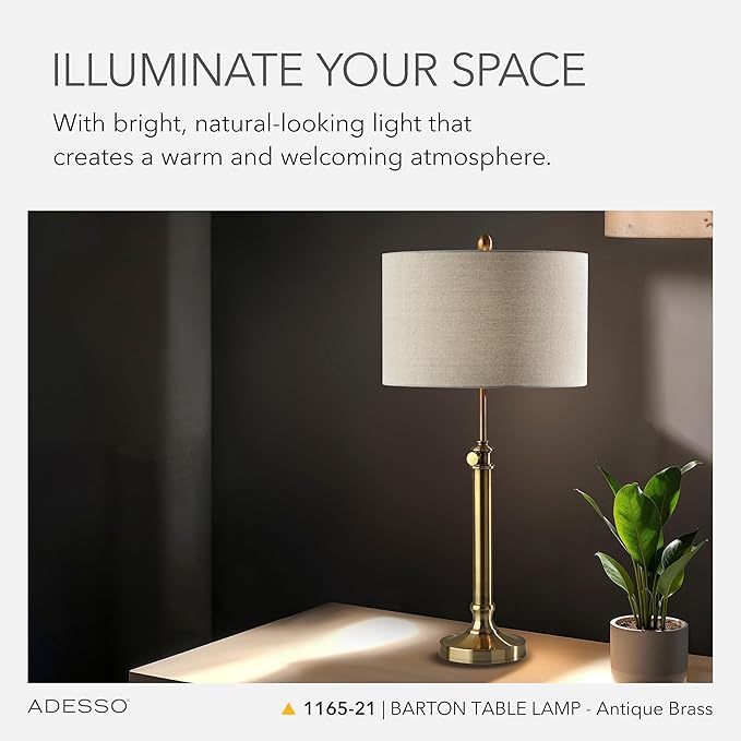 Adesso Antique Brass Table Lamp with Oatmeal Linen Shade – Adjustable Height Accent Light for Bedroom, Living Room, or Home Office, up to 34” Tall
