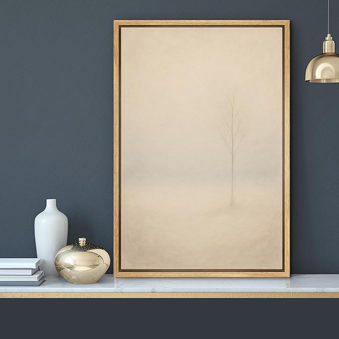 MUDECOR Framed Canvas Print Wall Art Lone Tree in Soft Fog Minimalist Neutral Landscape Illustrations Minimalism Decorative Bohemian Colorful Zen for Living Room, Bedroom, Office - 16"x24" NATURAL