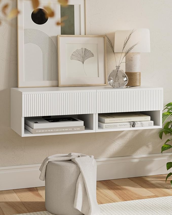 Modern Small Nightstand with Drawer, Floating Shelves for Bedroom, Bathroom (White Stripe)