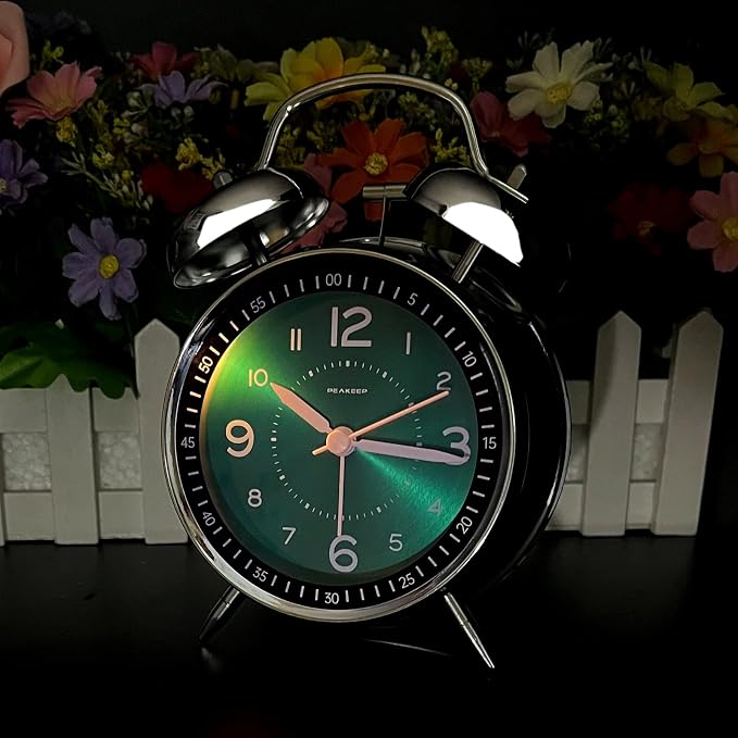 Peakeep Loud Alarm Clock for Heavy Sleepers Adults, Metal 4.5" Twin Bell Battery Operated Alarm Clocks for Bedrooms Decoration (Peacock Green)