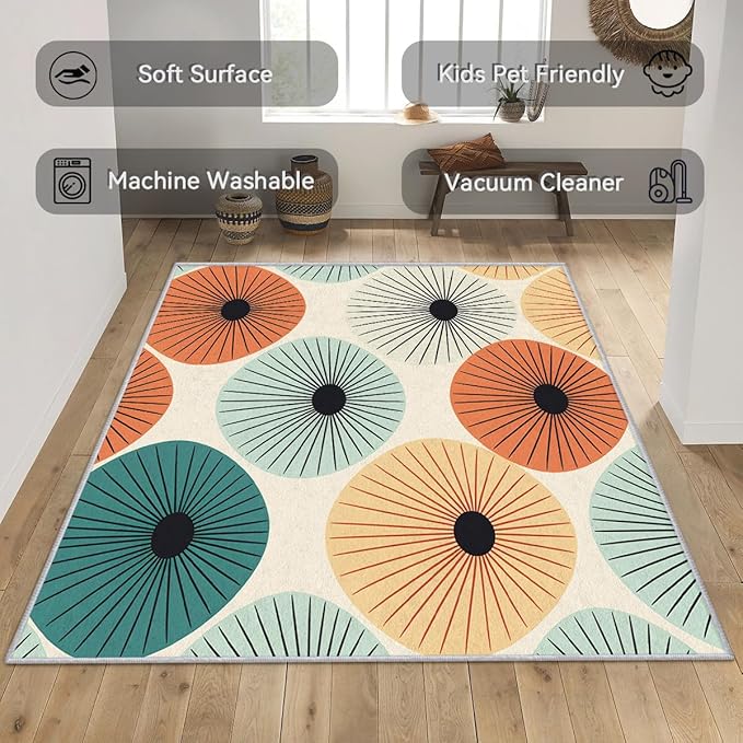 Mid Century Rugs for Living Room 3x5, Retro 50s Abstract Modern Atomic Pattern Design Area Rug, Mid Century Bedroom Decor Carpet, Non Slip, Washable (RG469)