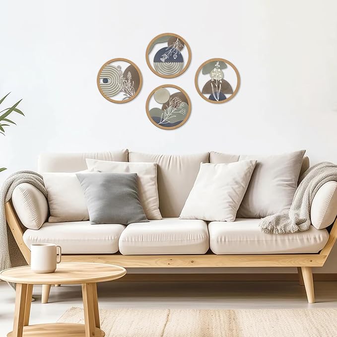 TOARTi 4Pieces Boho Botanical Wooden Wall Art,Farmhouse Geometric Round Wall Decor,Vintage Bohemian Plants Hanging Art,Morden Minimalist Aesthetic Artwork for Bedroom Living Room