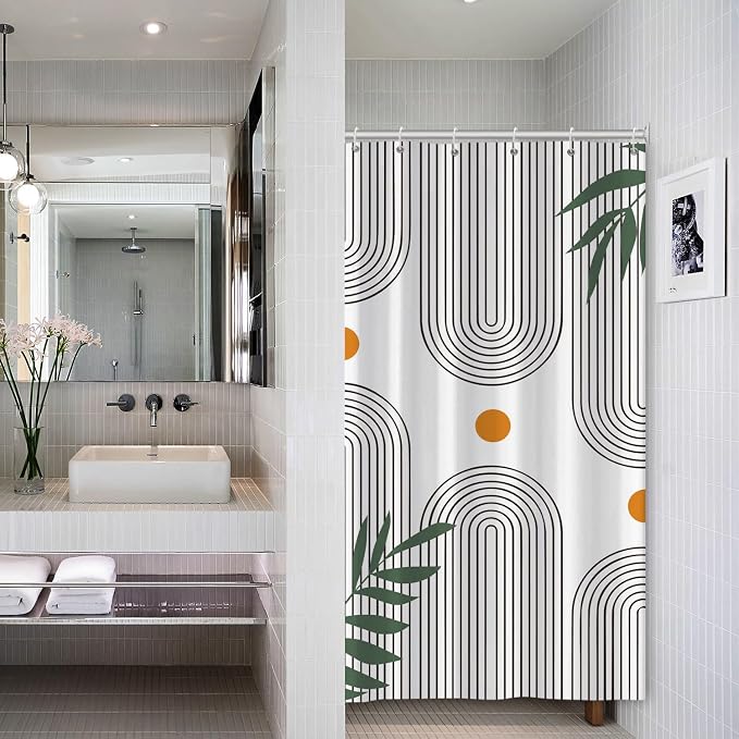 Boho Mid Century Shower Curtain Bohemian Minimalist Geometric Arch Sun Bathroom Curtain Sage Green Plant Polyester Shower Curtain Sets for Bathroom Extra Long 36x72 in with 6 Hooks