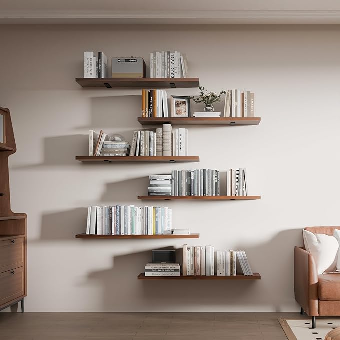 6 Tier Book Shelf,36 inch Walnut Long Floating Shelf for Wall,Adjustable Large Bookcase,Wall Mounted Bookshelf for Living Room