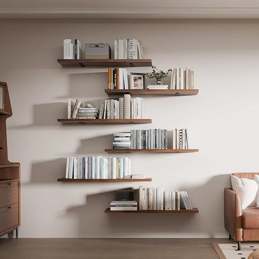 6 Tier Book Shelf,36 inch Walnut Long Floating Shelf for Wall,Adjustable Large Bookcase,Wall Mounted Bookshelf for Living Room