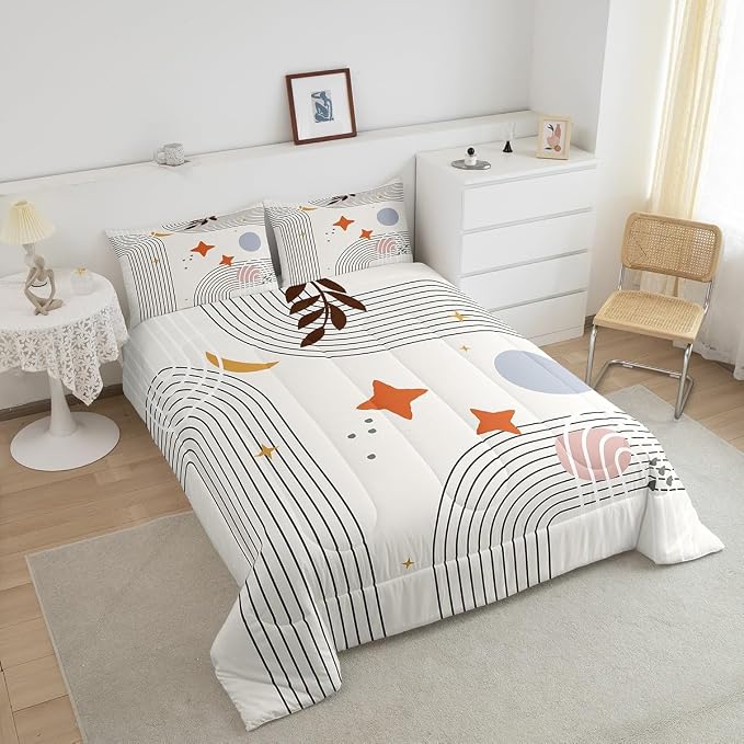 Erosebridal Abstract Red Sun Comforter Set Twin Geometric Lines Bedding Set, Aesthetic Bedding Comforter Sets Vintage Minimalist Duvet, Modern Quilted Comforter Luxury Grey Circle Room Decoration