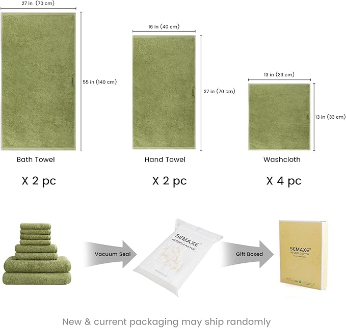SEMAXE Sage Green Bath Towel Set, 100% Cotton Bathroom Towels with Hanging Loops, Soft & Absorbent, 8 Piece Towel Set Include 2 Bath Towels, 2 Hand Towels, 4 Washcloths